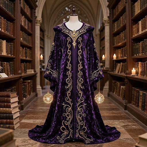 Photograph of a medieval-style, purple velvet gown with gold embroidery, displayed on a mannequin in a dimly lit, candlelit library.