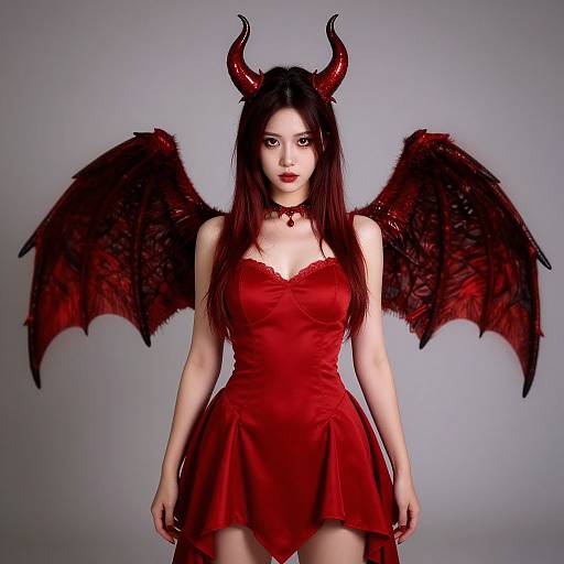 Photograph of a pale-skinned woman with long black hair, red horns, and wings, wearing a red satin dress and choker, standing against