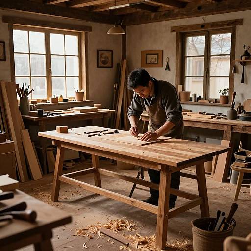 Photograph of a bearded man in a workshop, focused on sanding a wooden table, surrounded by tools, windows, and sunlight.