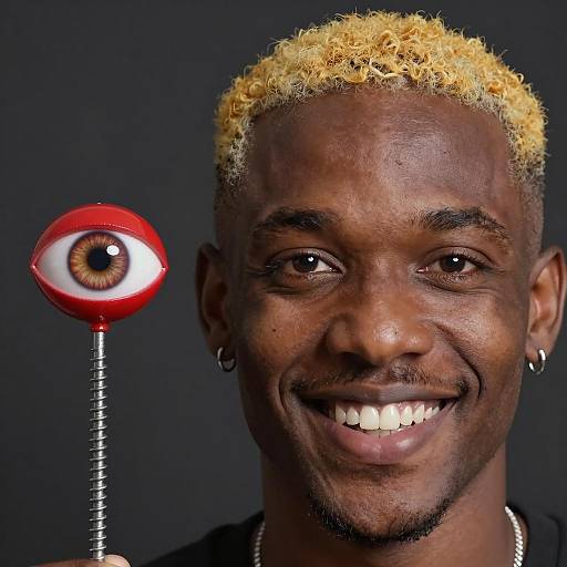 Smiling Man with Yellow Blonde Hair and Red Eye Toy