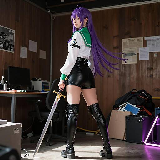 Cosplayer with Purple Hair Holding Sword