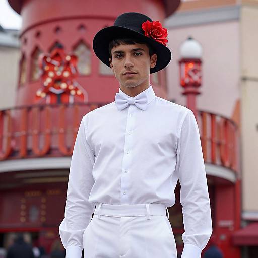 Photograph of a young man in a white shirt, black bow tie, black hat with red rose, standing in front of a red, ornate