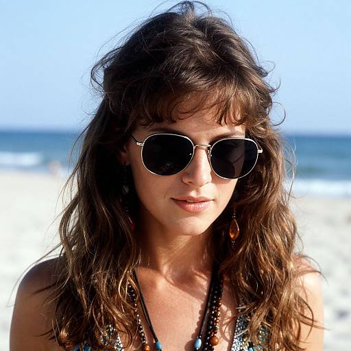 Photograph of a young woman with wavy brown hair, wearing dark aviator sunglasses and a beaded black halter top, standing on a sun