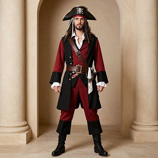 Photograph of a tall, bearded man in a pirate costume, featuring a red and black tricorn hat, maroon coat, white shirt,