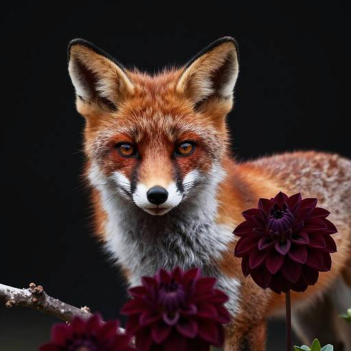 Fluffy Red Fox with Maroon Dahlias