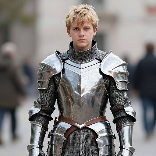Photograph of a young blonde boy with serious expression, wearing shiny silver medieval armor with black chainmail, standing outdoors among blurred pedestrians.