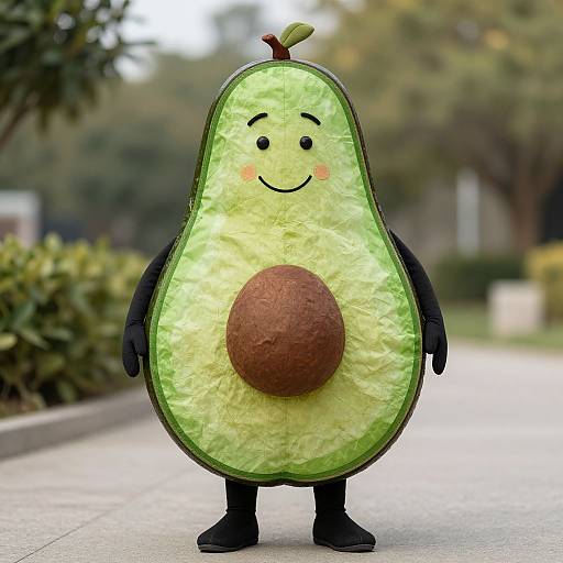 Photograph of a cute, smiling, cartoon avocado costume with green flesh, brown center, black arms, legs, and shoes, standing on a sidewalk
