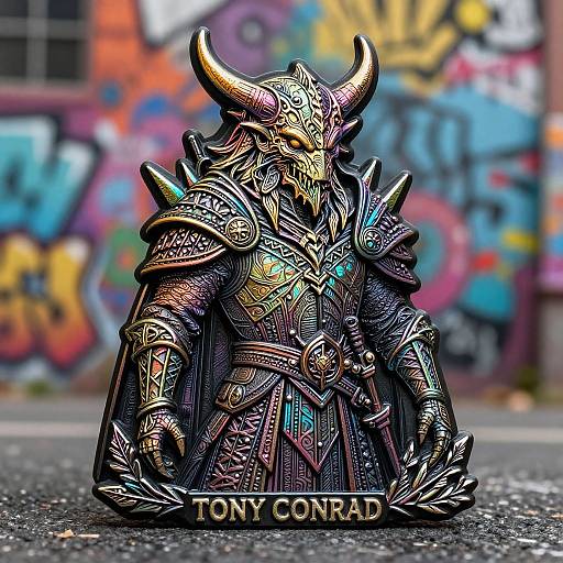 Photorealistic CGI of a detailed, ornate, horned armored figure with intricate patterns, set against a vibrant graffiti background. 