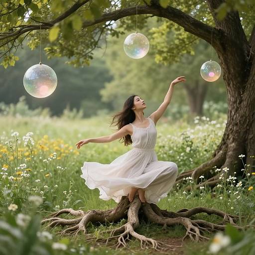 Photograph of a fair-skinned woman with long brown hair, wearing a white, flowing dress, dancing under a tree, blowing iridescent bubbles