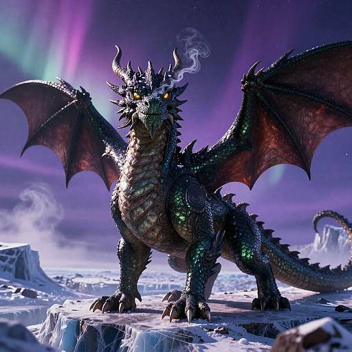 CGI dragon with dark, scaly skin, glowing yellow eyes, and large wings standing on icy terrain under a vibrant, purple aurora.