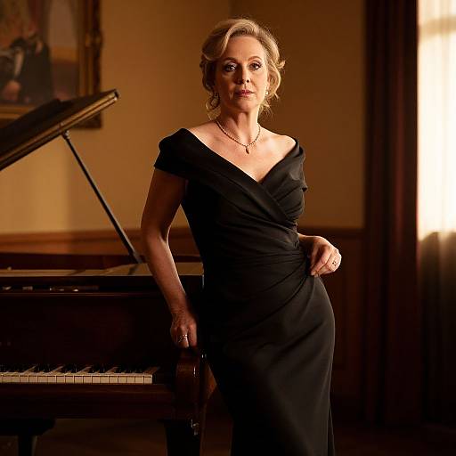 Photograph of an elegant older woman with blonde hair, wearing a black off-shoulder dress, standing beside a grand piano in a warmly lit room