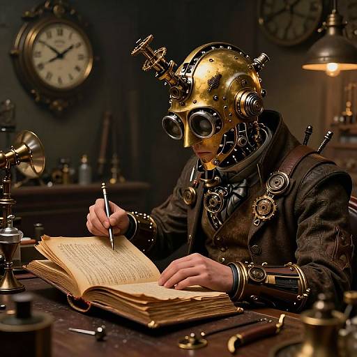 Steampunk-style photograph of a person with a golden, mechanical head writing in a book, surrounded by clock, lamps, and gears.