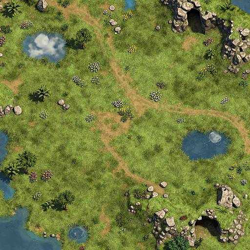 Top-down view of a vibrant, lush green landscape with winding paths, scattered rocks, small ponds, and clouded sky patches.