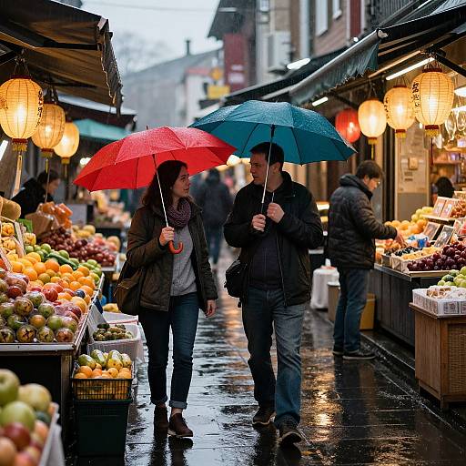 Rainy Market Conversation Under Umbrellas
