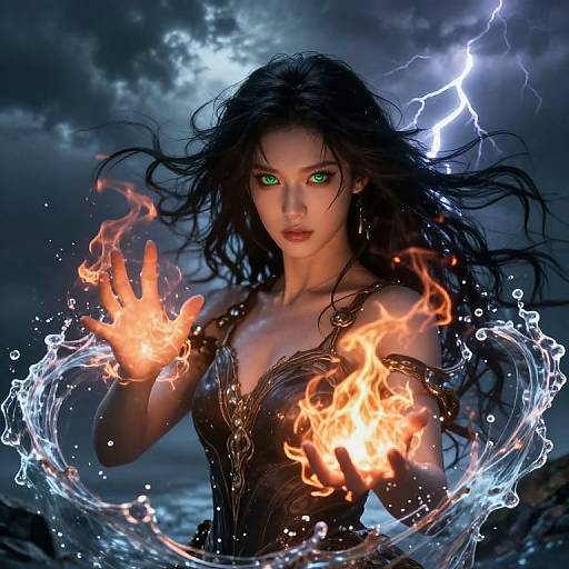 Digital artwork of a fierce, green-eyed woman with long black hair, conjuring fire with outstretched hands, lightning in stormy sky backdrop.