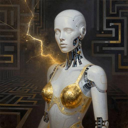 Digital artwork of a white, bald, female robot with golden breast plates, emitting a glowing, electric arc against a dark, maze-patterned background.