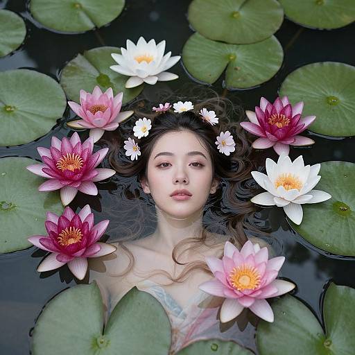 Serene Woman Amidst Water Lilies