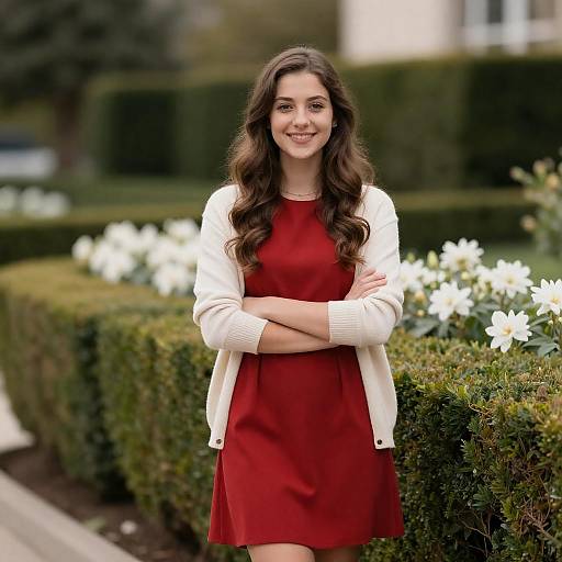 Smiling Woman in Red Dress and Cardigan