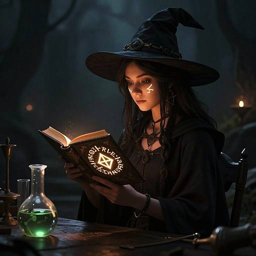 Silhouette of Young Witch Brewing Potion