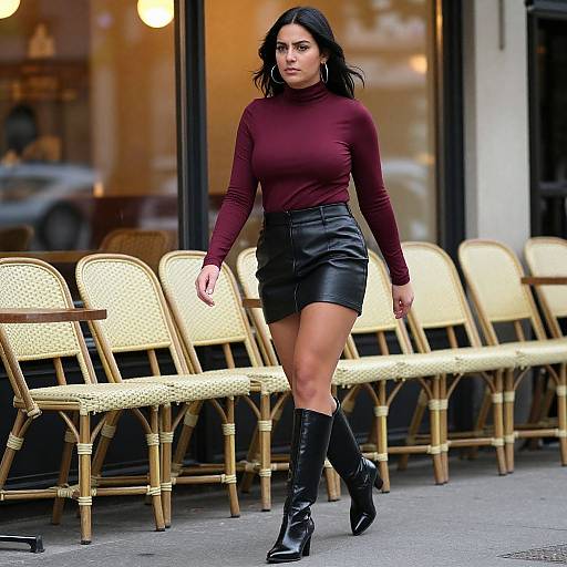 Photograph of a confident woman with dark hair, wearing a maroon turtleneck, black leather mini skirt, and knee-high black boots, walking