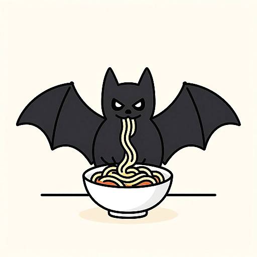 Cartoon bat with black wings eating ramen noodles from a white bowl, eyes narrowed, noodles in mouth, simple black and white digital illustration.