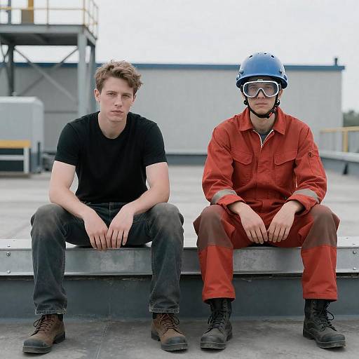 Two Men on a Metal Rooftop