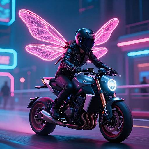 Cyberpunk Rider with Neon Dragonfly Wings
