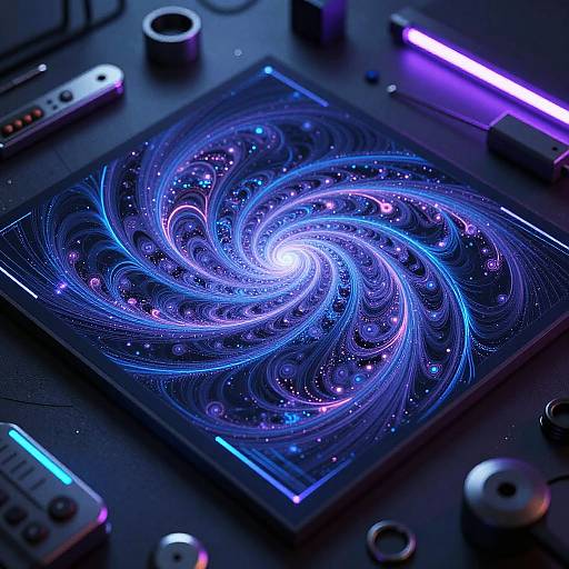 Digital artwork of a glowing, blue-purple spiral galaxy on a dark, neon-lit table, surrounded by various futuristic electronic devices.