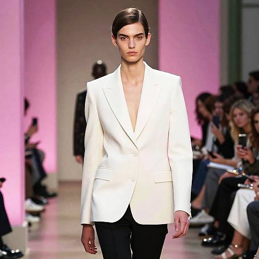 Photograph of a male model with dark hair in a sleek side part, wearing a white blazer with a deep V-neck, black pants, walking