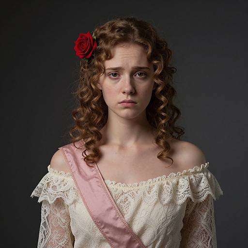 Photograph of a pale-skinned young woman with curly brown hair, a red rose in her hair, wearing an off-shoulder white lace dress