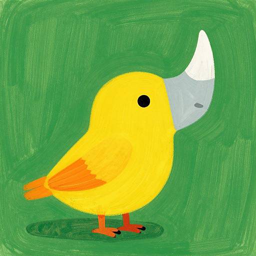 Bright yellow bird with orange wings and feet, black dot eye, large white beak, on green textured background, digital painting.