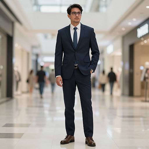 Photograph of a tall, handsome man with short black hair and glasses, wearing a dark blue suit, white shirt, black tie, and brown shoes