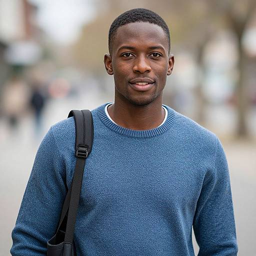 Photograph of a handsome, young, dark-skinned man with short hair, wearing a blue knit sweater and black shoulder bag, standing on a blurred