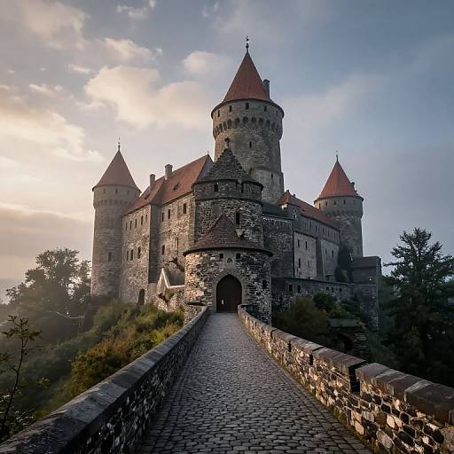 Photograph of a medieval stone castle with red-roofed towers, cobblestone pathway, and lush greenery under a partly cloudy sky at sunset