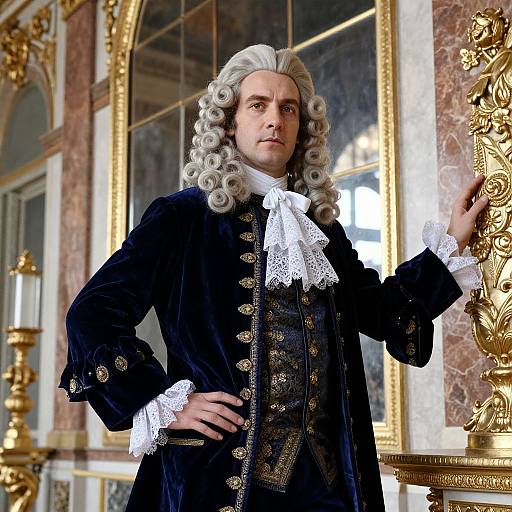18th-century gentleman with white curls, black velvet coat, lace cuffs, and white cravat, stands in opulent, gold-ornate