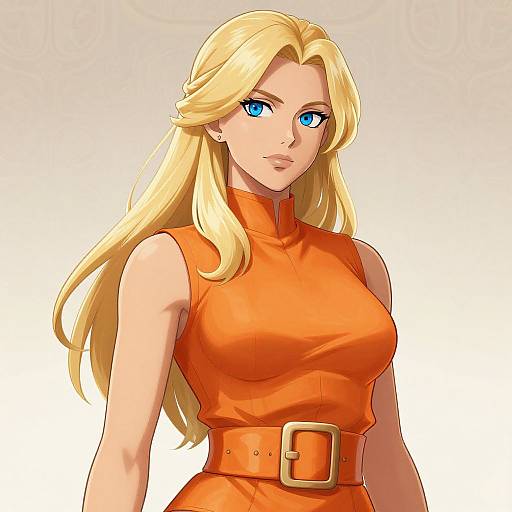 Digital anime-style drawing of a blonde woman with blue eyes, wearing a sleeveless orange dress with a belt, against a white gradient background.