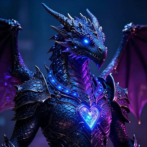 Photorealistic digital art of a glowing blue and purple armored dragon with bioluminescent heart-shaped chest piece, sharp spikes, and dark wings against