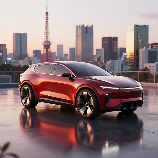 Futuristic Crimson SUV in Tokyo Skyline
