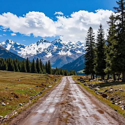 Photograph of a dirt road leading to snow-capped mountains under a bright blue sky with white clouds, flanked by tall, dark green pine trees
