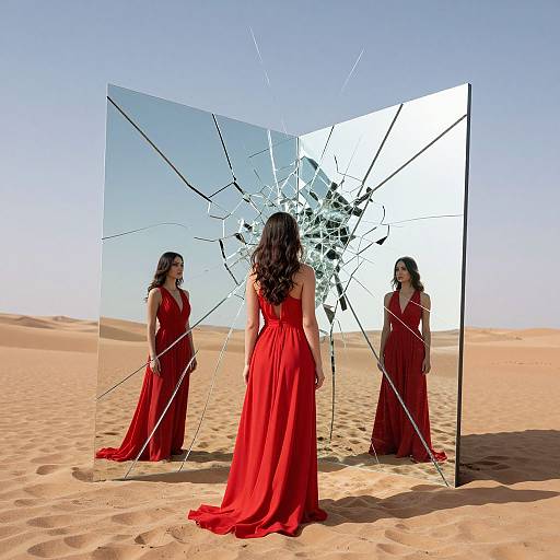 Photograph of a woman with long black hair in a red, floor-length gown, standing in a desert, facing a shattered mirror reflecting her image.