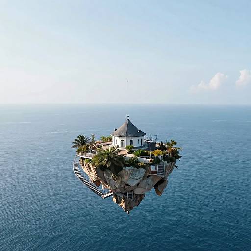 Isolated floating island with white chapel and grey roof, surrounded by calm blue ocean, featuring palm trees and small dock.