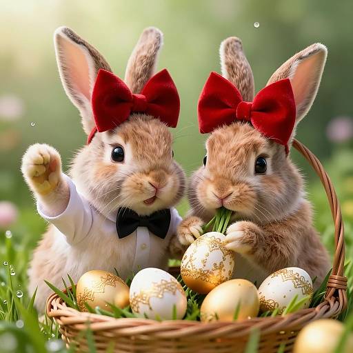 Photograph of two adorable, fluffy, brown baby rabbits with red bows, one wearing a bowtie, sitting in a wicker basket with golden eggs