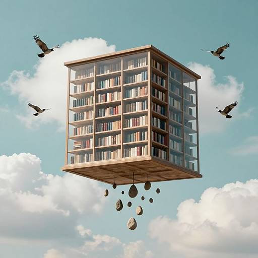 Floating modern library building with glass balconies, surrounded by birds, and rocks falling below against a bright blue sky.