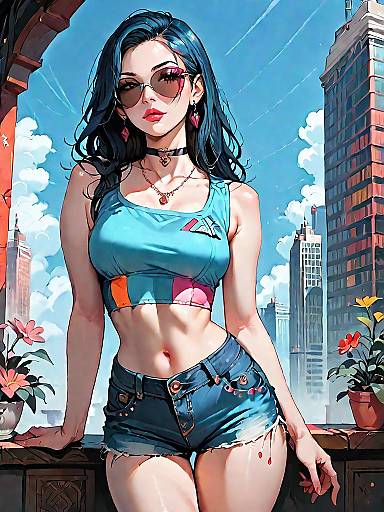 Trendy Woman in Metallic Crop Top and Denim Shorts