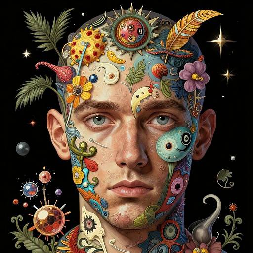 Digital surreal portrait of a bald, fair-skinned man with colorful, whimsical, and abstract flora and fauna patterns covering his face against a black background