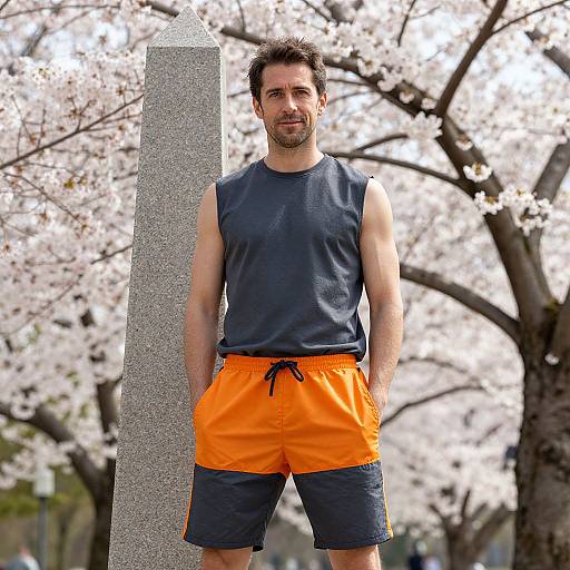 Photograph of a fit, bearded man in a gray sleeveless shirt and bright orange shorts, standing in front of a stone monument, with blo