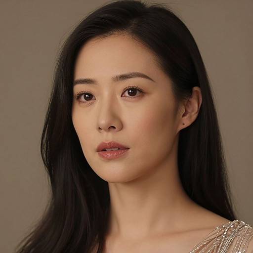 Photograph of an East Asian woman with long black hair, fair skin, subtle makeup, and a neutral expression, wearing a delicate, shimmering top