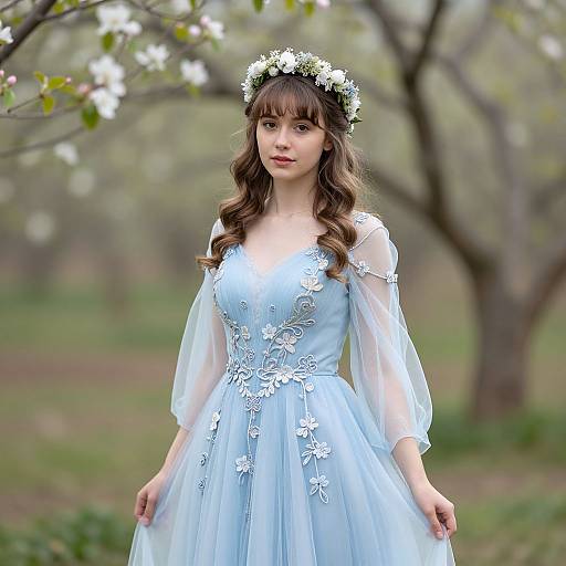 Photograph of a young woman with long brown hair, wearing a light blue floral lace dress, white sheer sleeves, and a floral crown, standing in