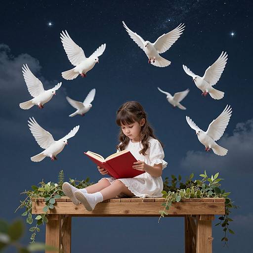 Photograph of a young girl with dark hair, wearing a white dress and socks, reading a red book on a wooden platform, surrounded by flying white