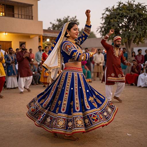 Photograph of a South Asian woman in a vibrant blue and gold traditional lehenga, dancing with raised arms at a cultural festival, surrounded by men in